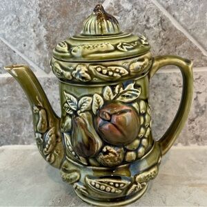 Tilso Coffee Tea Pot Ceramic Green Glazed Raised Fruit & Vegetable Japan VTG